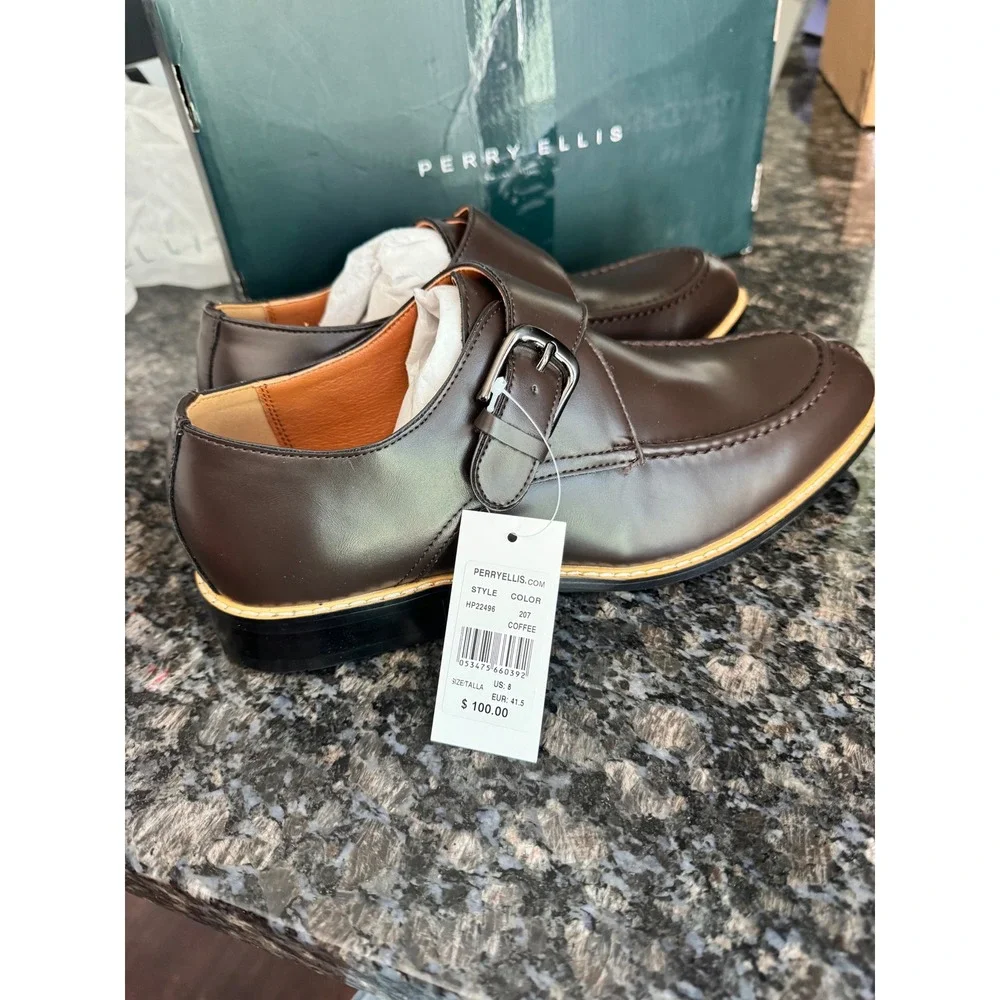 Perry Ellis Mens Monk Strap‎ Loafers Coffee Brown Dress Shoes HP22496 Size 8